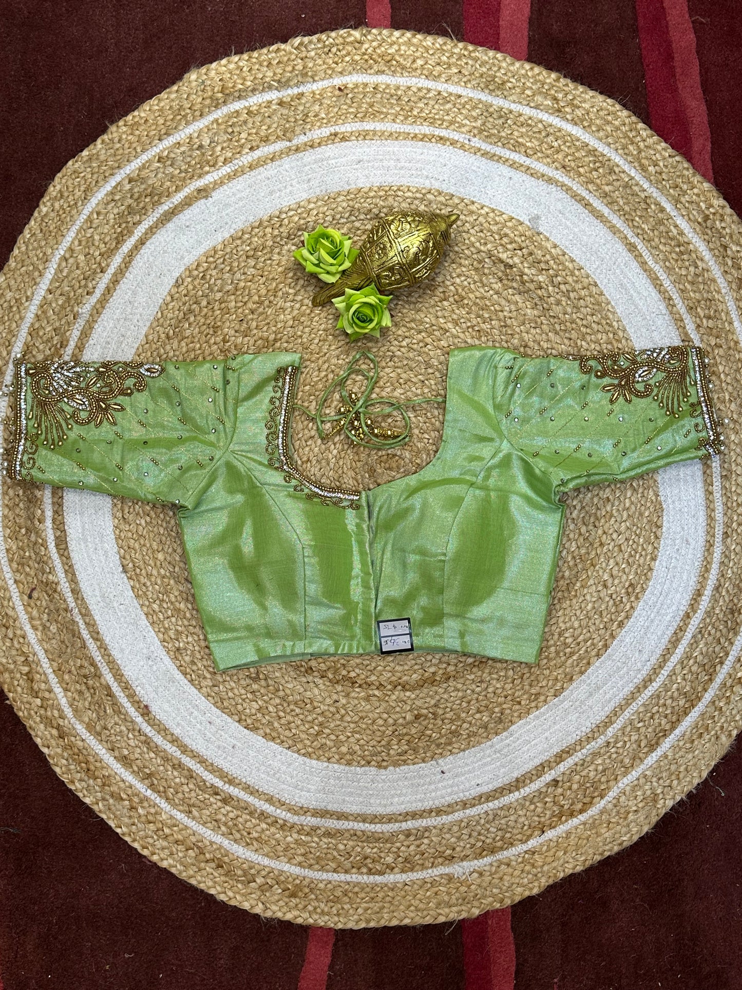 36” Small size Aari Worked Sari Blouse Indian Saree Metallic Green B201