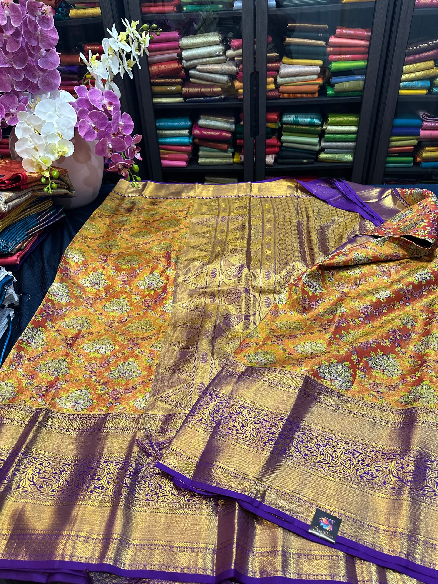 Kanchipuram Pure Silk Bridal Tissue Saree Indian Kanjivaram Floral Sari SPK385