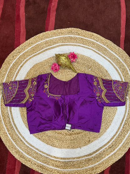 40” Size 10 Aari Worked Sari Blouse Indian Saree Top Silk Purple B98