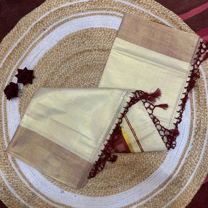 Brown Kerala Vishu Sari Indian Cream Tissue Saree C34