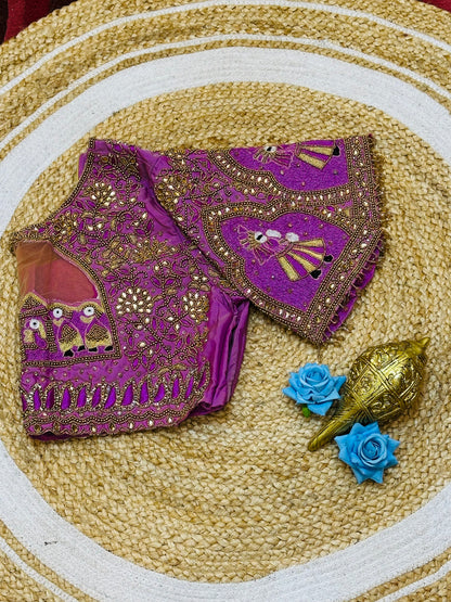 46” Size 16 Aari Worked Sari Blouse Indian Saree Top Silk Pink B185