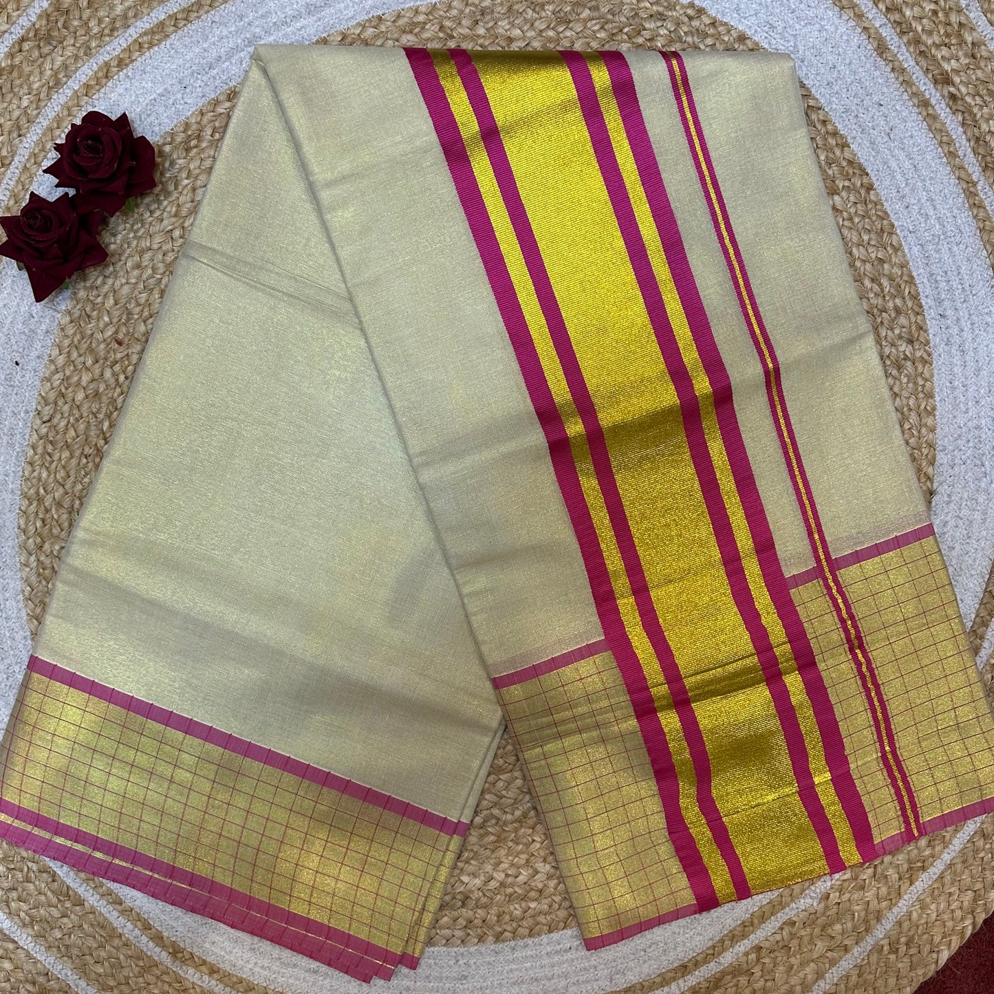 Red Kerala Vishu Sari Indian Cream Tissue Saree C35 - Col 7