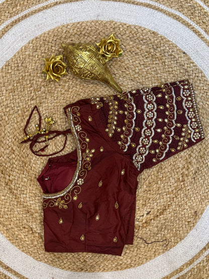 40” Size 10 Aari Worked Sari Blouse Indian Saree Top Silk Maroon B80