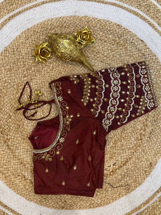 40” Size 10 Aari Worked Sari Blouse Indian Saree Top Silk Maroon B80