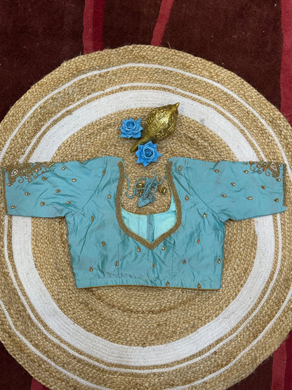 36” Small size Aari Worked Sari Blouse Indian Saree Sky Blue B212