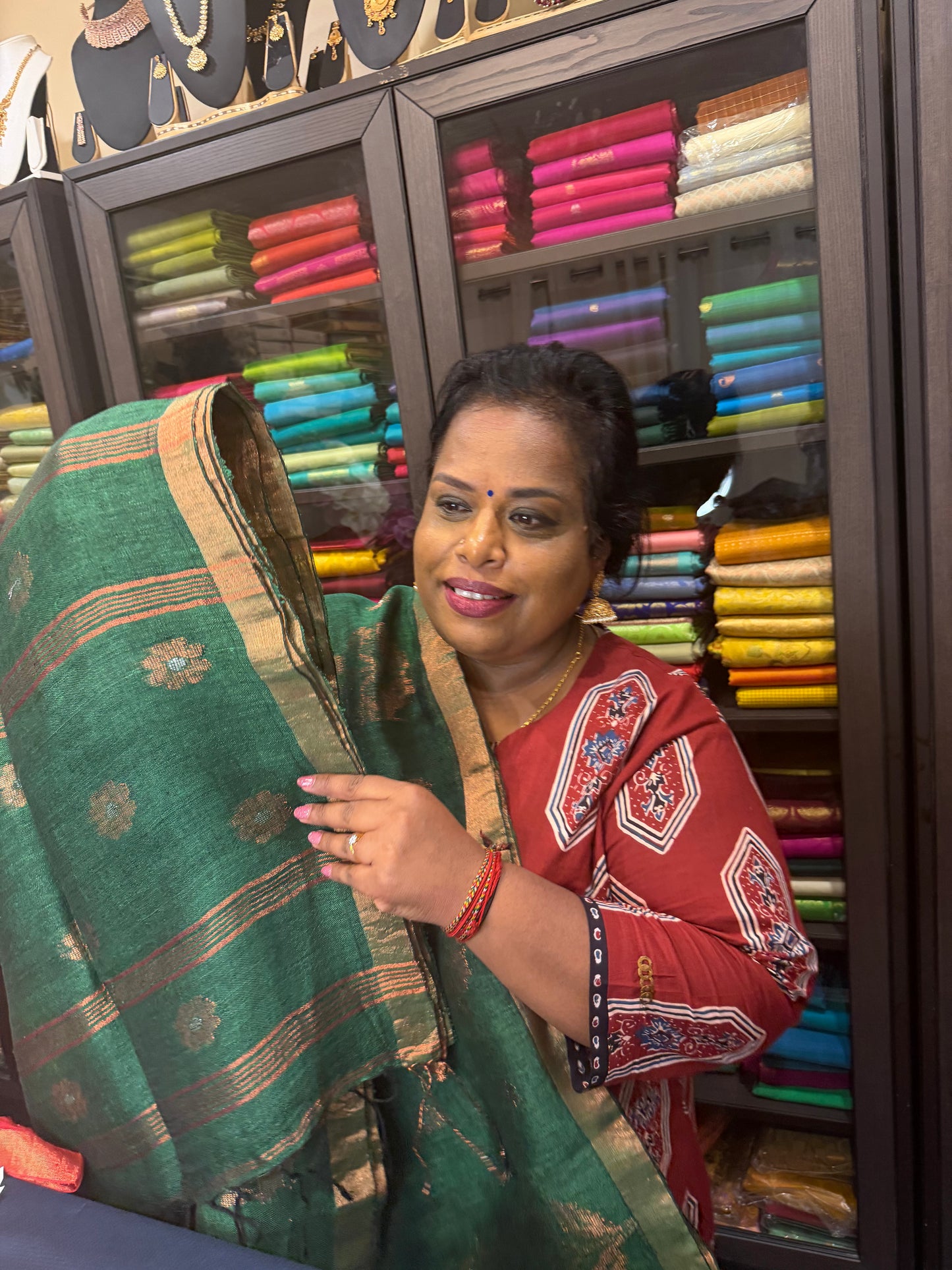 Silk Cotton Linen Sari Indian Saree Copper Jari Green S131