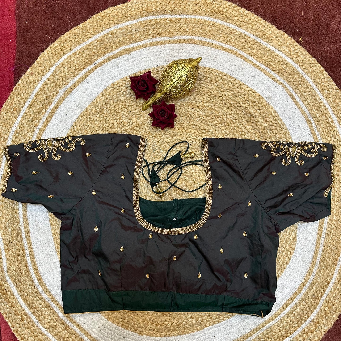 44” Size 14 Aari Sari Blouse Indian Saree Top Silk Deep Green B251