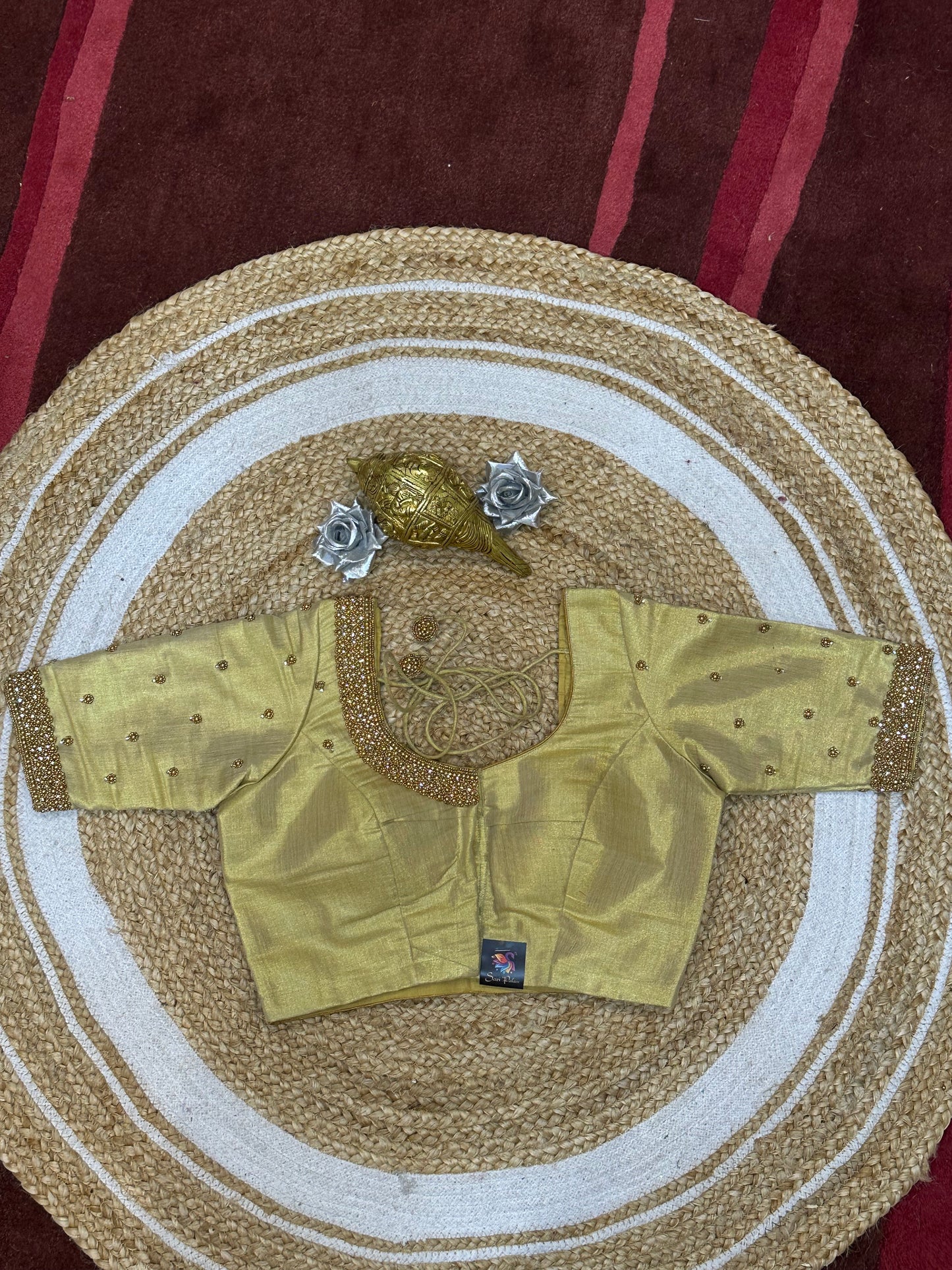 34” XS Aari Worked Sari Blouse Indian Saree Top Silk Gold B104