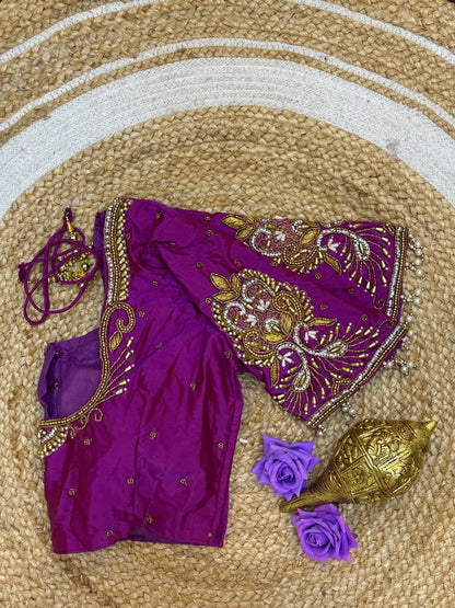 36” Small size Aari Worked Sari Blouse Indian Saree Magenta/Purple B211