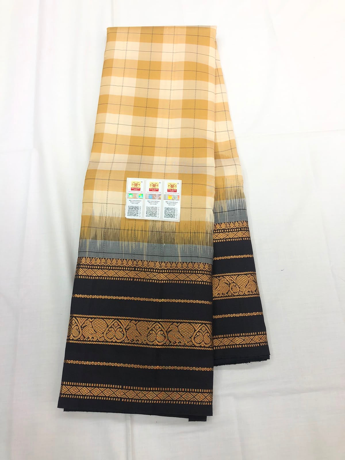 Vintage Kanchipuram Pure Silk Saree Indian Checkered Kanjivaram Sari SPK324