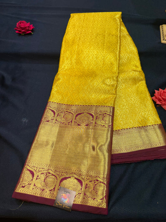 Kanchipuram Pure Silk Saree with Gold Zari Yellow & Maroon Sari| SPK102