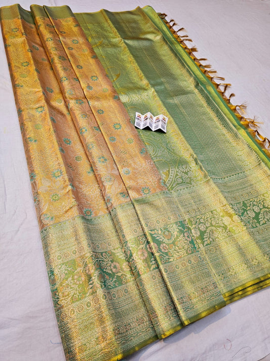 Kanchipuram Pure Silk Saree Bridal Gold Pista Kanjivaram Sari SPK290