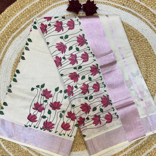 Lotus Kerala Vishu Sari Indian Cream Tissue hand Printed Pink Rose Gold Saree C10