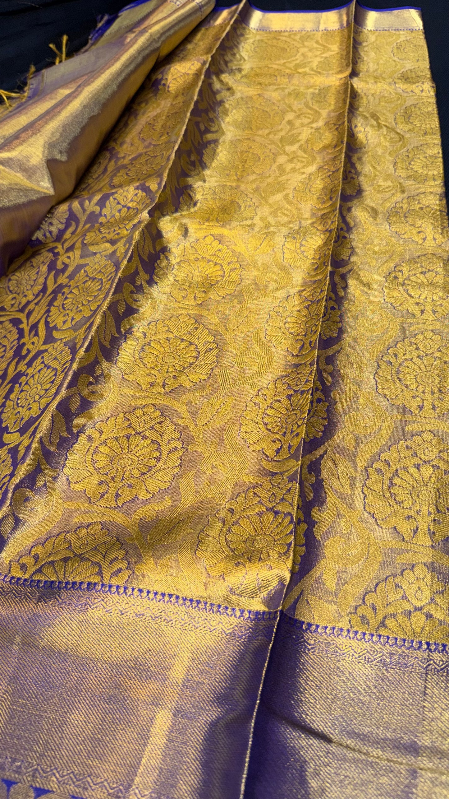 Kanchipuram Tissue Bridal Pure Silk Saree with Gold Zari Blue & Gold Sari| SPK097