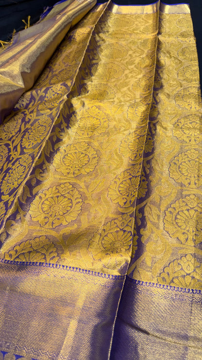 Kanchipuram Tissue Bridal Pure Silk Saree with Gold Zari Blue & Gold Sari| SPK097