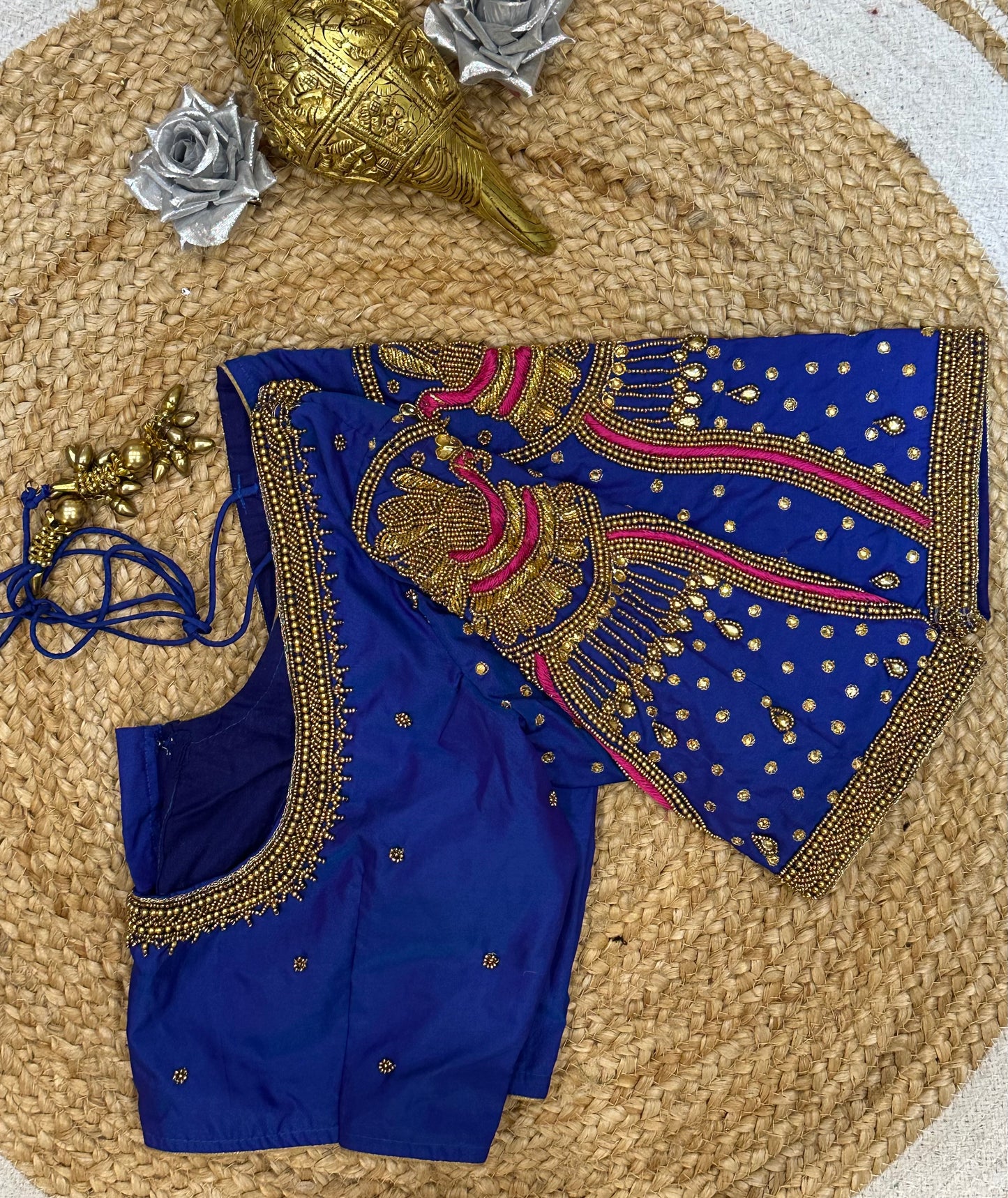 34” XS Aari Worked Sari Blouse Indian Saree Top Silk Blue B107