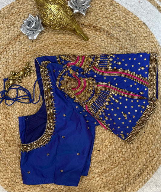 34” XS Aari Worked Sari Blouse Indian Saree Top Silk Blue B107