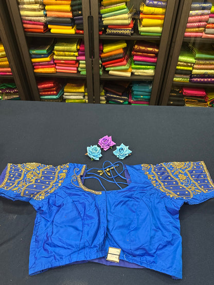 40” Aari hand Worked Sari Blouse Indian Top Choli Silk Blue B4