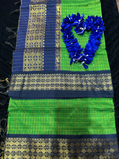 Kalyani Silk Cotton Sari Indian Saree Green & Royal Blue S54