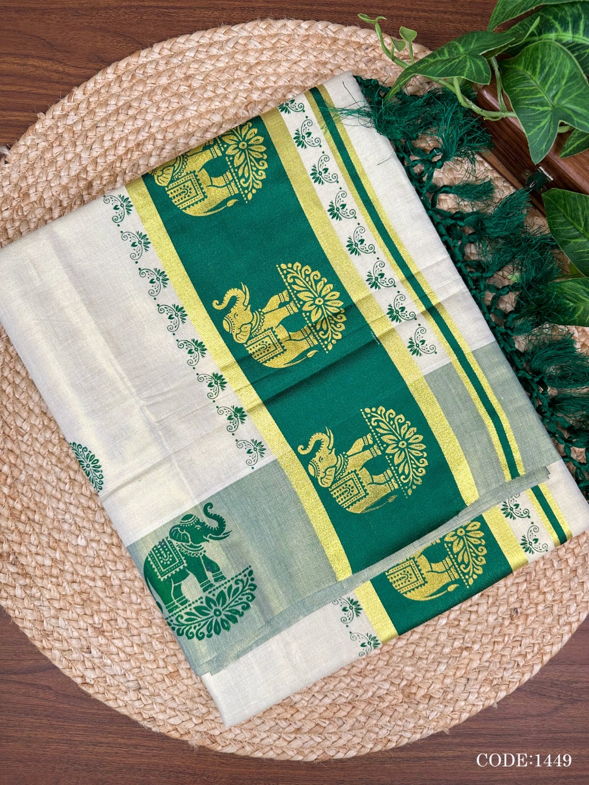 Pink Elephant Kerala Vishu Sari Indian Cream Tissue Saree C7