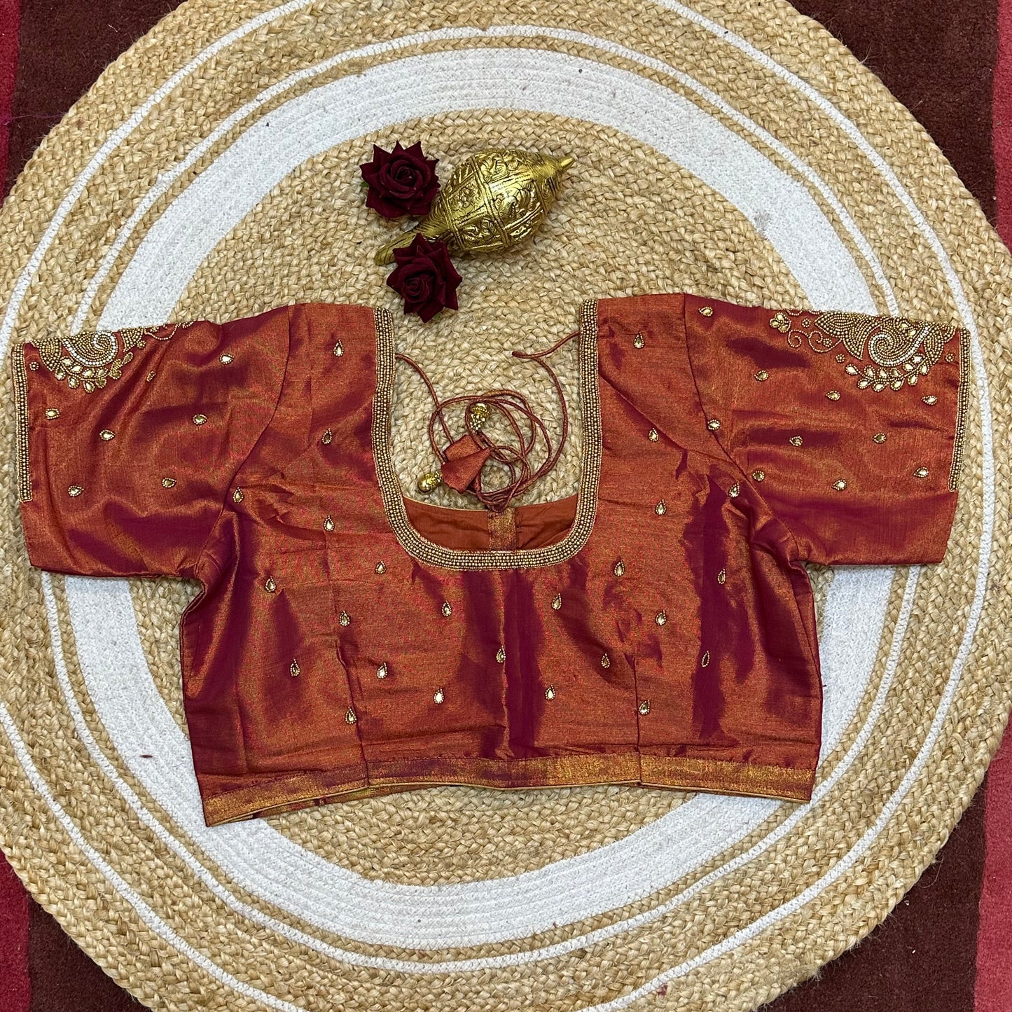 44” Size 14 Aari Sari Blouse Indian Saree Top Silk Metallic Rose B244