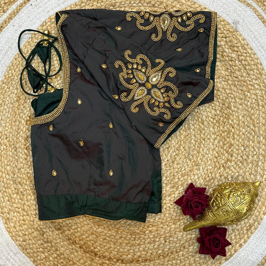 44” Size 14 Aari Sari Blouse Indian Saree Top Silk Deep Green B251