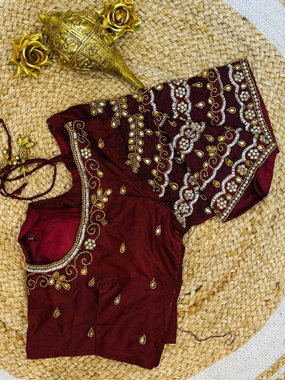40” Size 10 Aari Worked Sari Blouse Indian Saree Top Silk Maroon B80