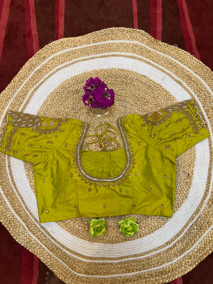 40” Aari hand Worked Sari Blouse Indian Top Choli Silk Lime Green B13