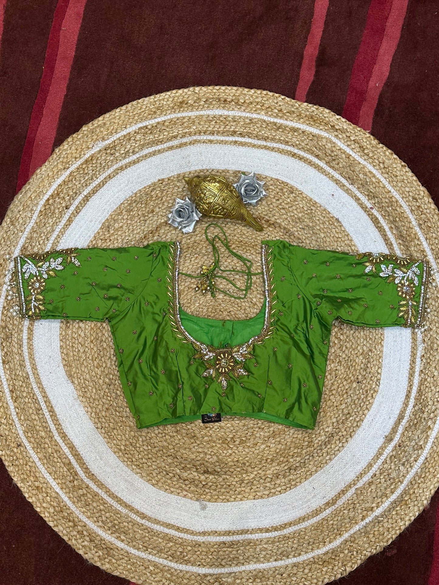 34” XSmall Aari Worked Sari Blouse Indian Saree Top Silk Apple Green B124