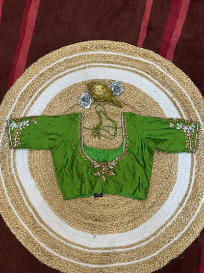 34” XSmall Aari Worked Sari Blouse Indian Saree Top Silk Apple Green B124