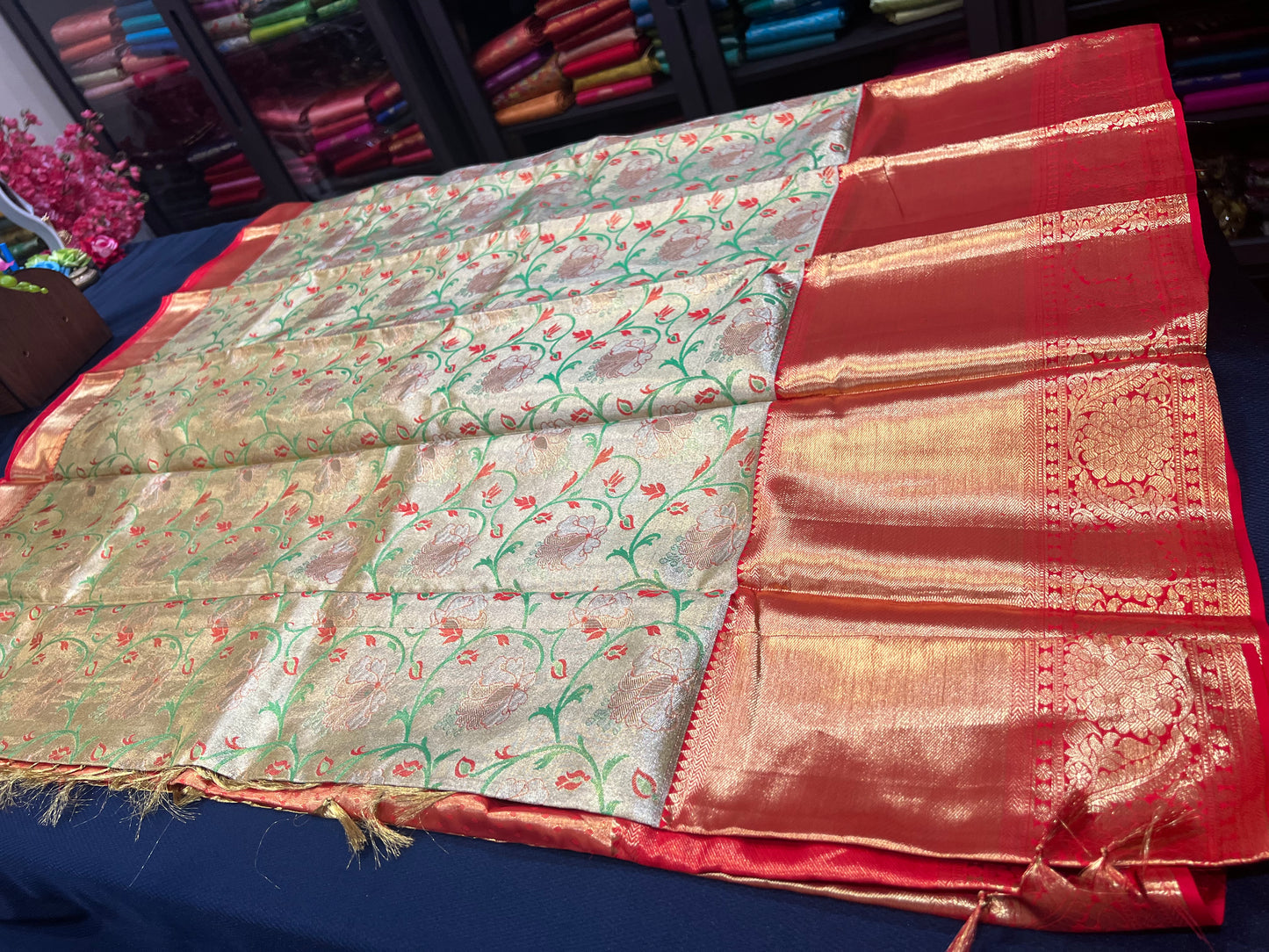 Bridal Tissue Kanchipuram Pure Silk Saree Gold & Red Kanjivaram Sari| SPK115