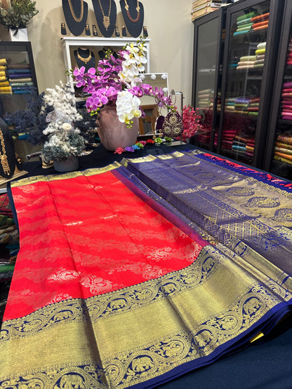 Bridal Kanchipuram Pure Silk Saree Red & Blue Kanjivaram Sari| SPK130