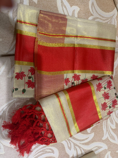 Kerala Multi Set Mundu Vishu Sari Indian hand Printed Kasavu Onam Saree C53