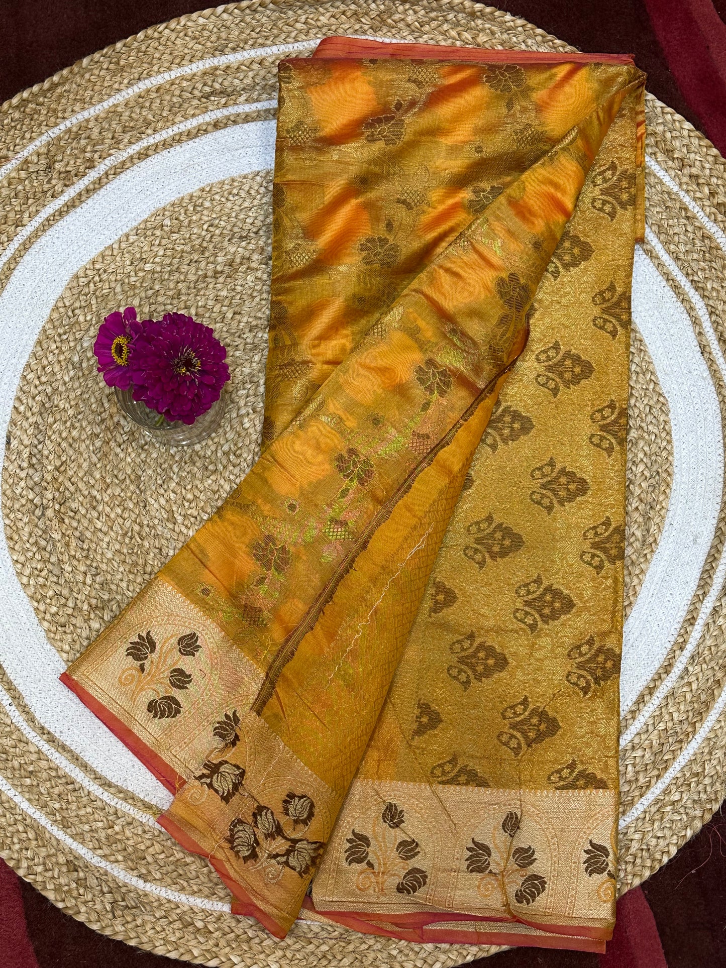 Yellow Orange thread work Sari Indian Saree S75
