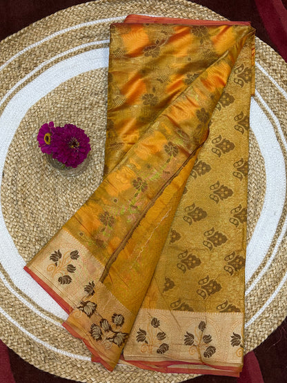 Yellow Orange thread work Sari Indian Saree S75
