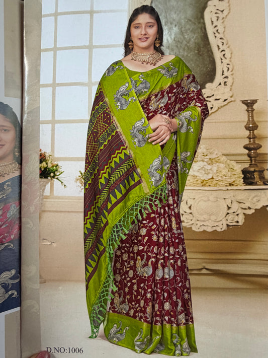Indian Crape Silk Saree Kalamkari Printed Sari S150