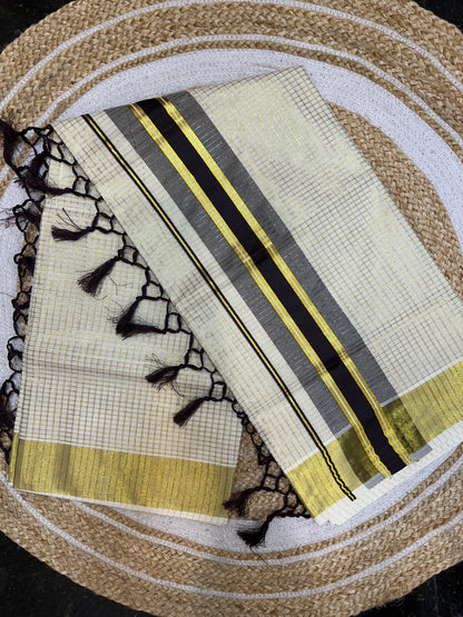 Red Kerala Vishu Sari Indian hand Printed Kasavu Onam Saree C22 Col 2