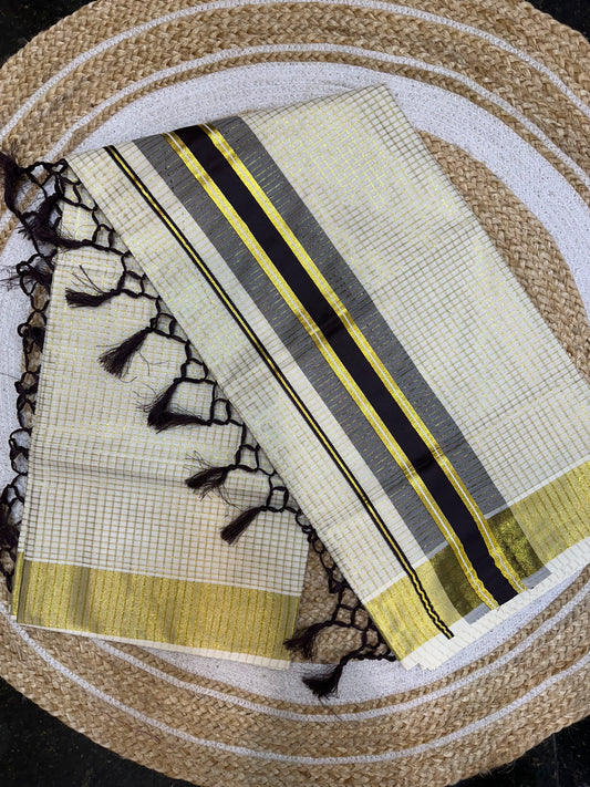 Brown Kerala Vishu Sari Indian hand Printed Kasavu Onam Saree C22 Col 6