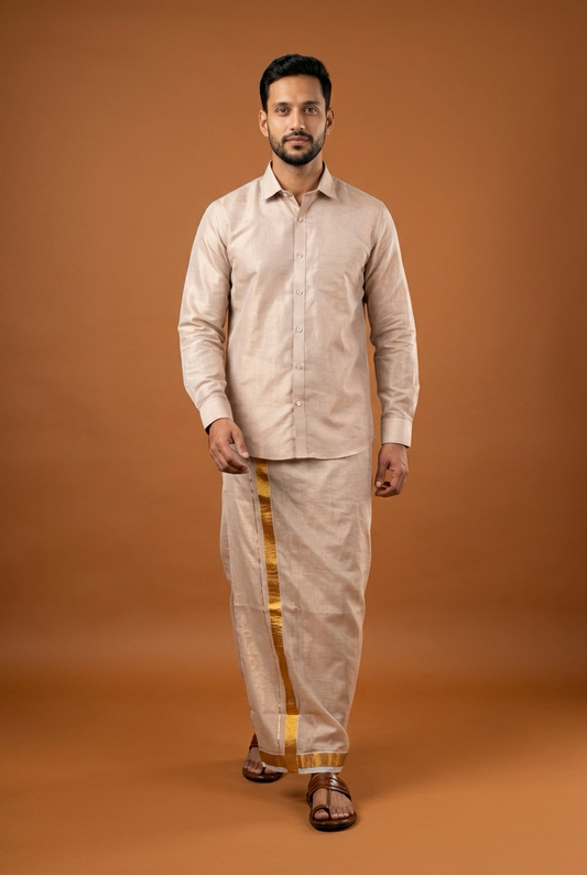 Men’s South Indian Vesti Shirt Combo Rose gold Copper Tissue Dhotti V12