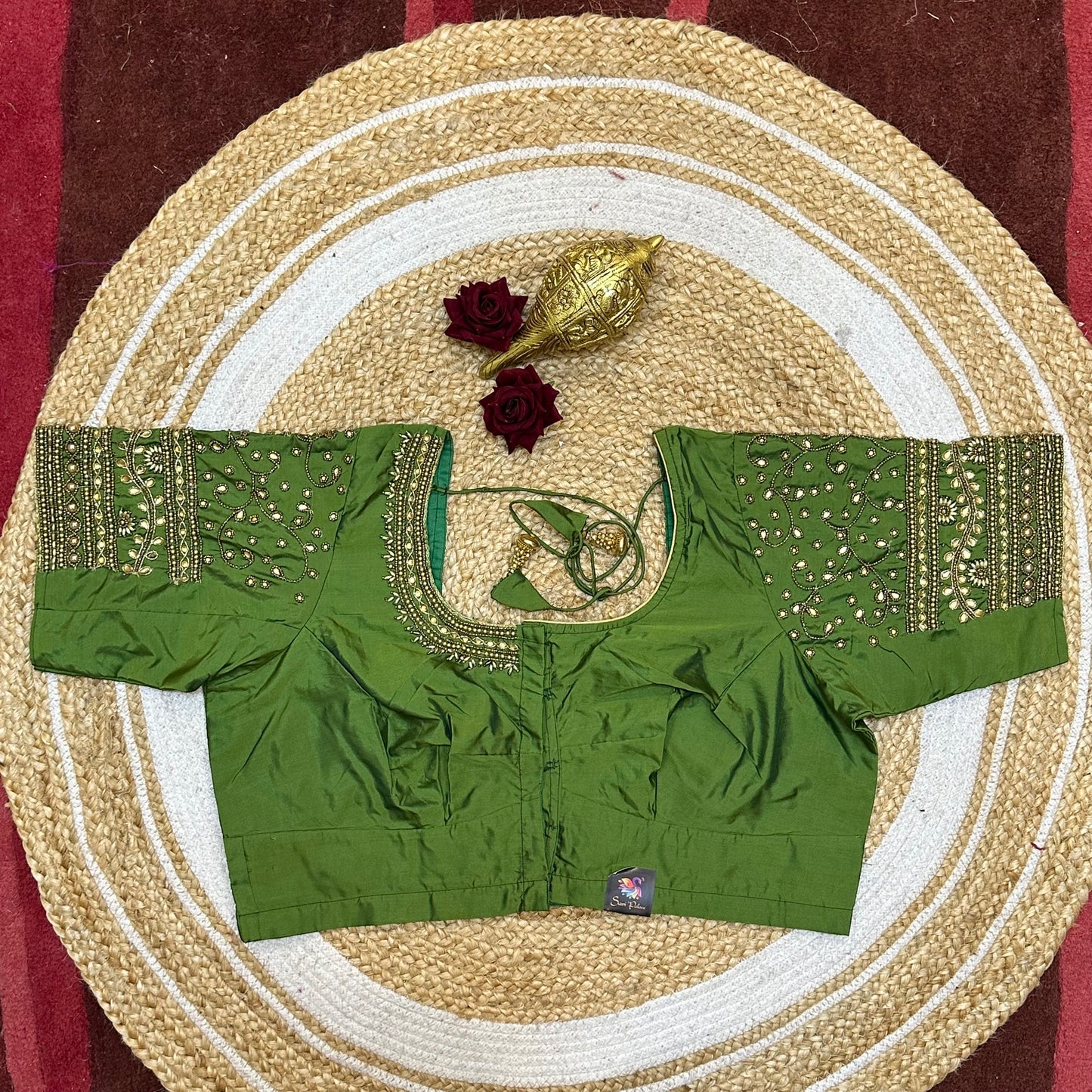 44” Size 14 Aari Worked Sari Blouse Indian Saree Top Silk Green B248