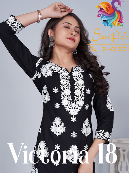 Black Indian Ladies Plazo Outfit Rayon Salwar Kameez Chickenkari Kurti Suit SS34