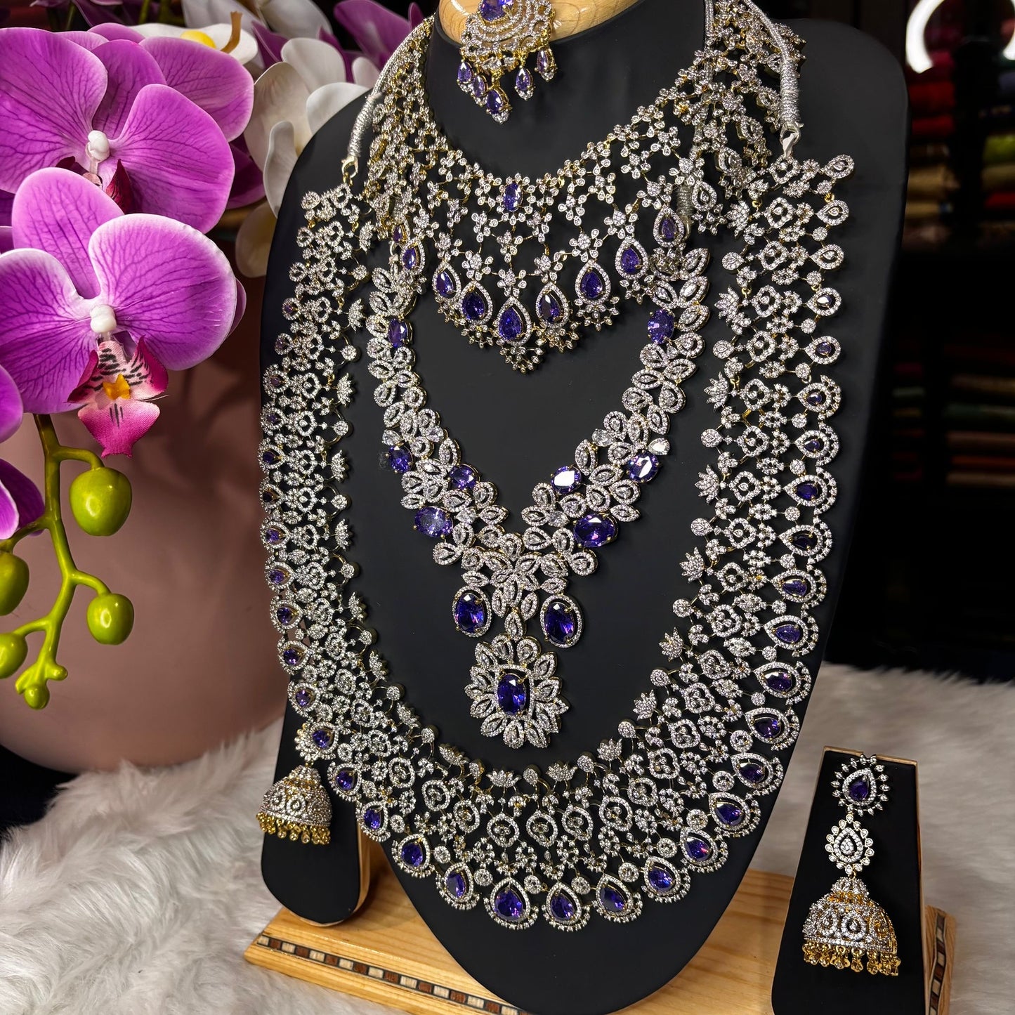 AD Bluish Purple and Silver Indian Bridal Necklace Haram set N37