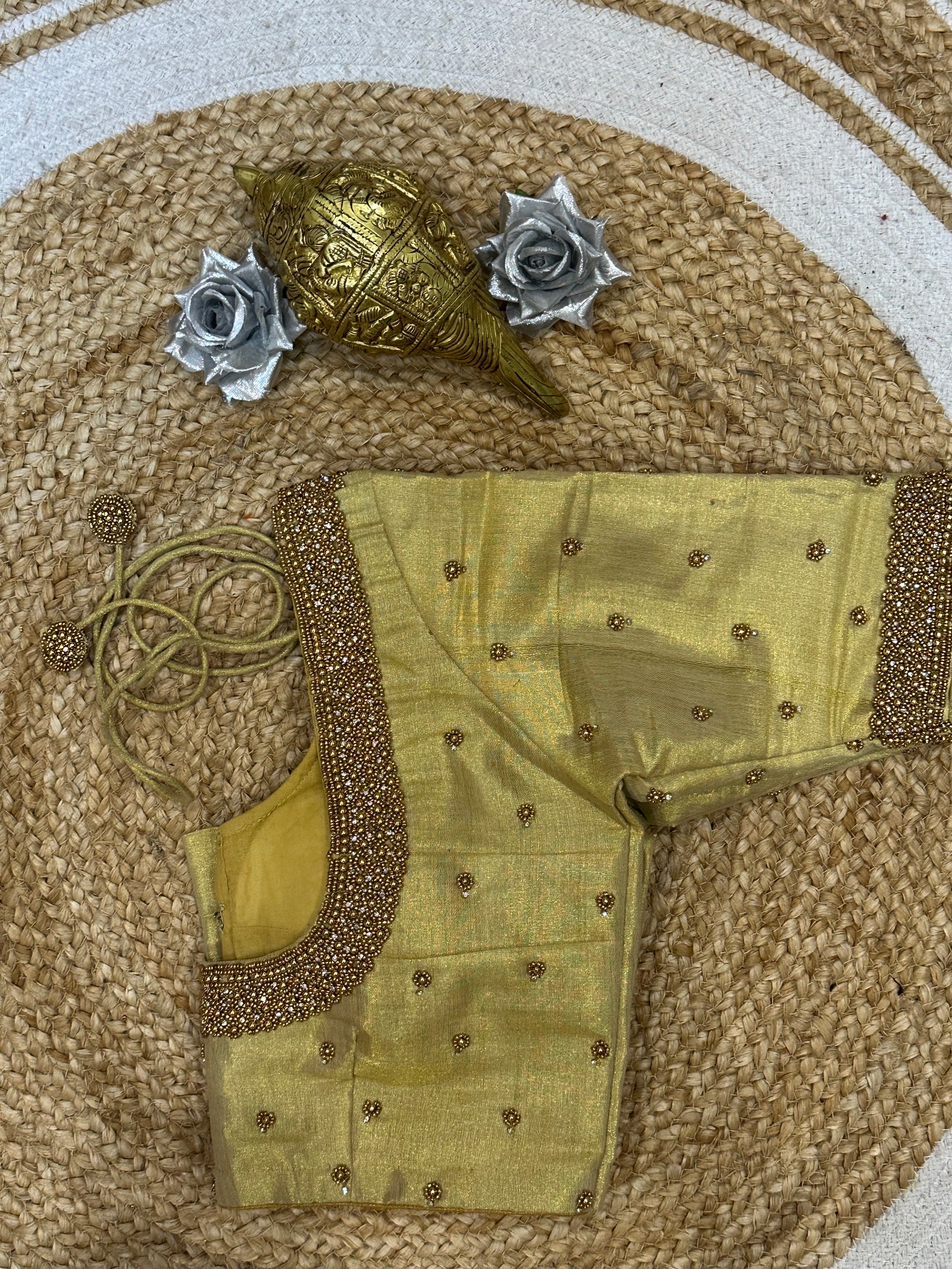 34” XS Aari Worked Sari Blouse Indian Saree Top Silk Gold B104