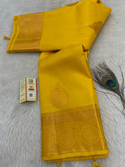Kanchipuram Pure Silk Saree Yellow with Copper Kanjivaram Sari| SPK