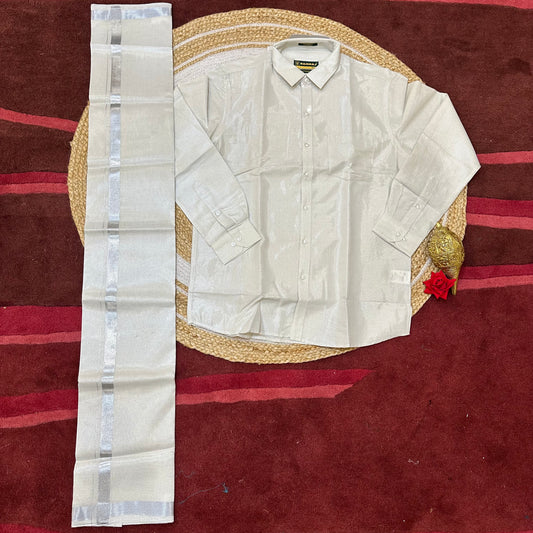 40” Large Men’s South Indian Vesti Shirt Combo Silver Dhotti V1