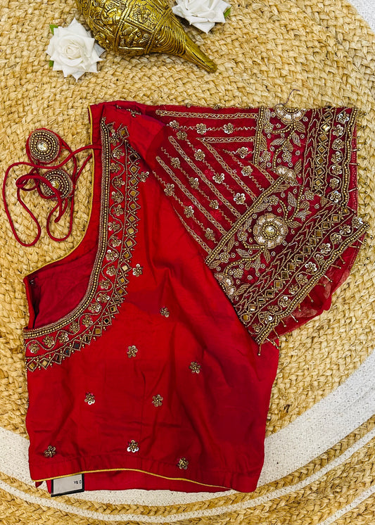 50” Size 20 Aari Worked Sari Blouse Indian Saree Top Silk Red B51