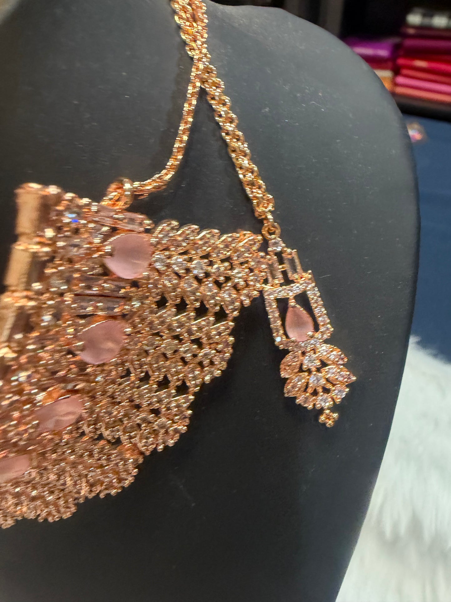 AD American Diamond Indian Rose Gold Necklace set Baby Pink N7