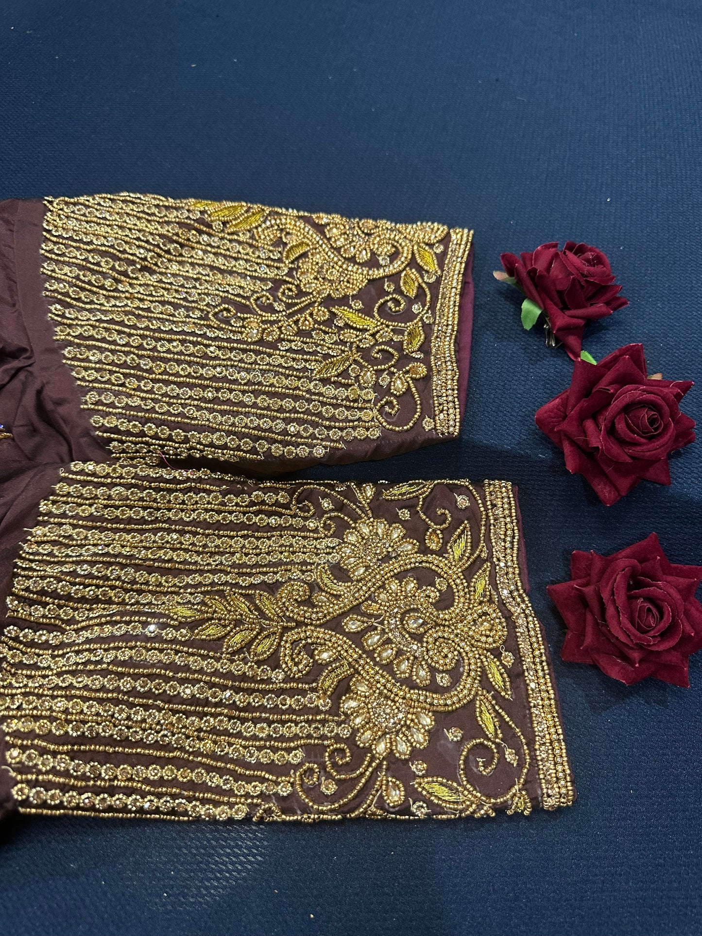 40” Aari hand Worked Sari Blouse Indian Top Choli Silk Maroonish Brown B16