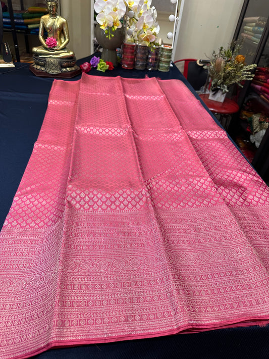 Kerala style Kanchipuram Pure Silk Pink Saree Matt Zari Kanjivaram Sari| SPK136