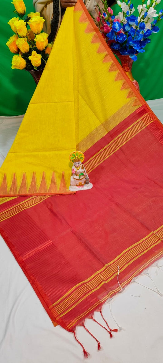 Yellow & Red Soft Slab Cotton Linen Sari Indian Saree with temple border C1